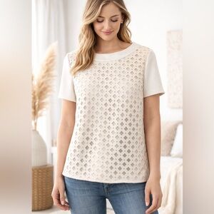Nell White Laser Cut Top 6 Short Sleeve Textured Blouse